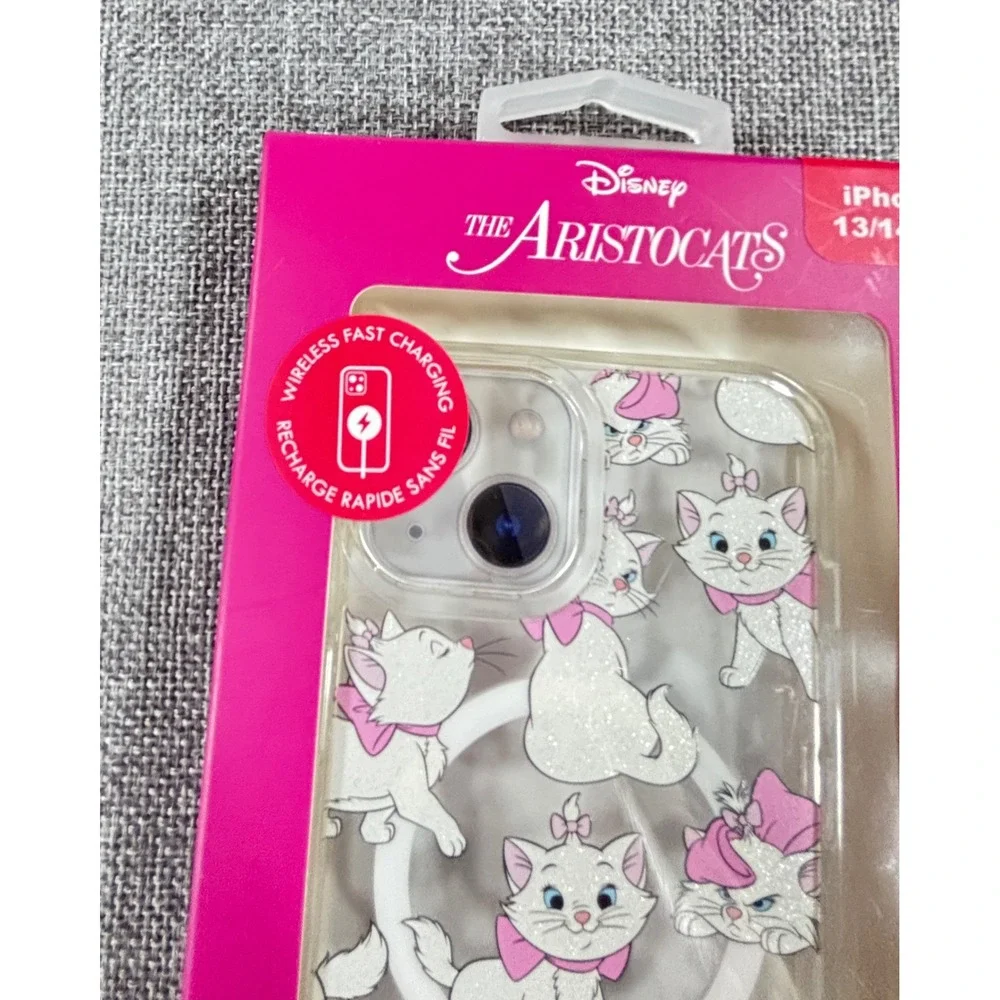 Disney Marie Aristocats iPhone 13 14 15 Case Clear Glitter Pink Wireless Charge